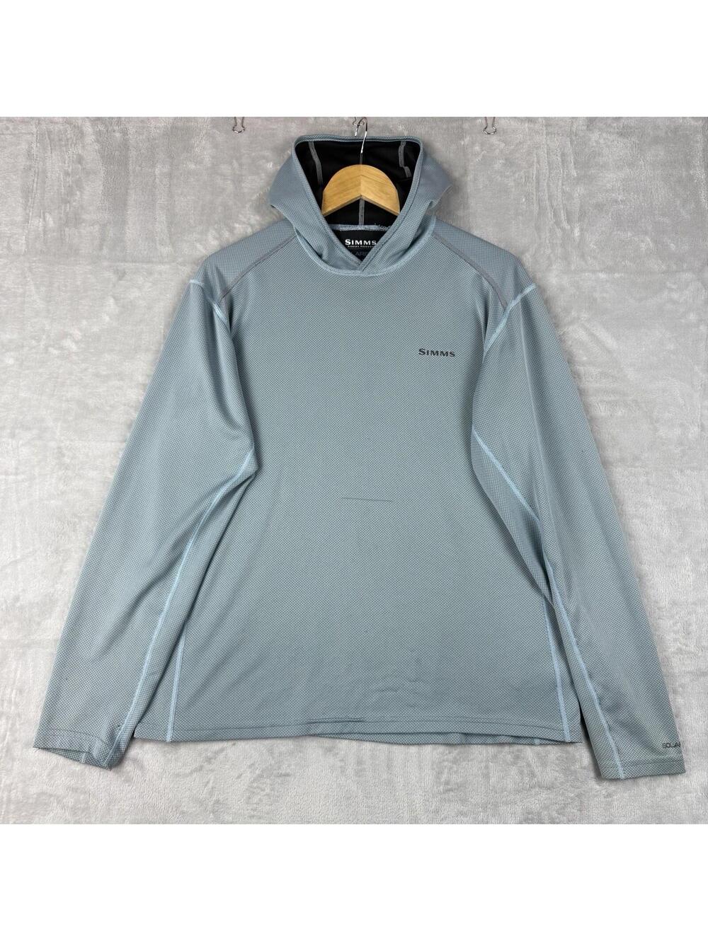 Simms SolarFlex Fishing Hoodie Sun Shirt Blue Gray Size M UPF Cooling Outdoor